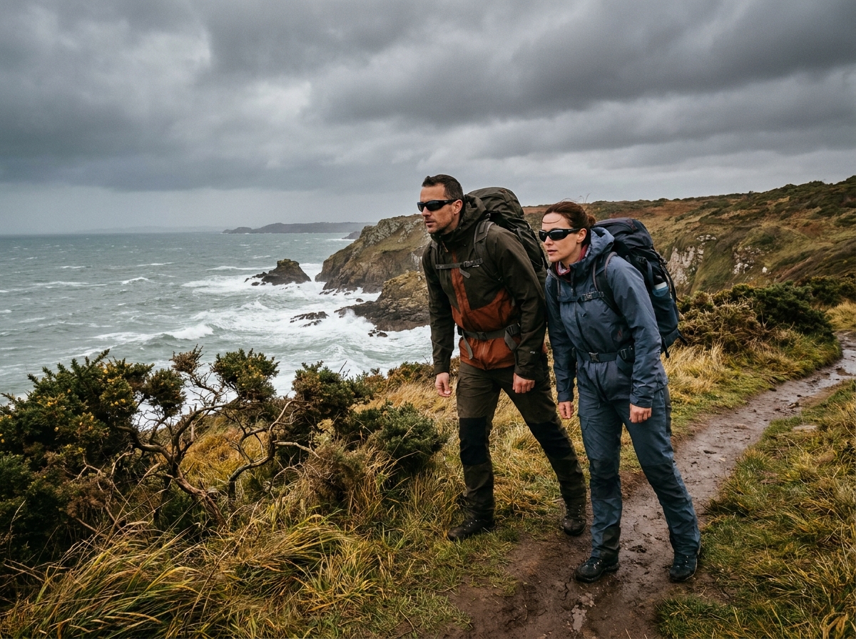 Deux randonneurs portant des lunettes UV protection sur un sentier côtier breton lors d'une tempête automnale