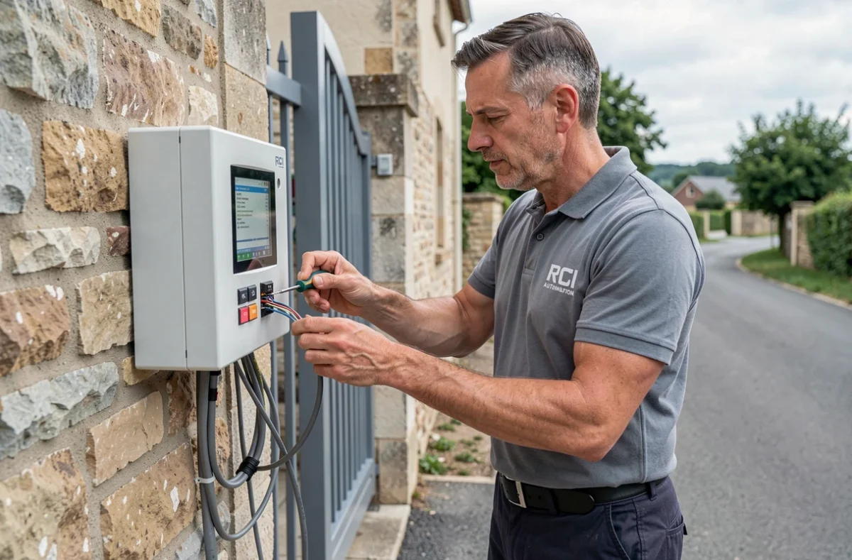 Spécialiste de RCI Automation configurant un portail automatisé dans une propriété résidentielle de l'Aube