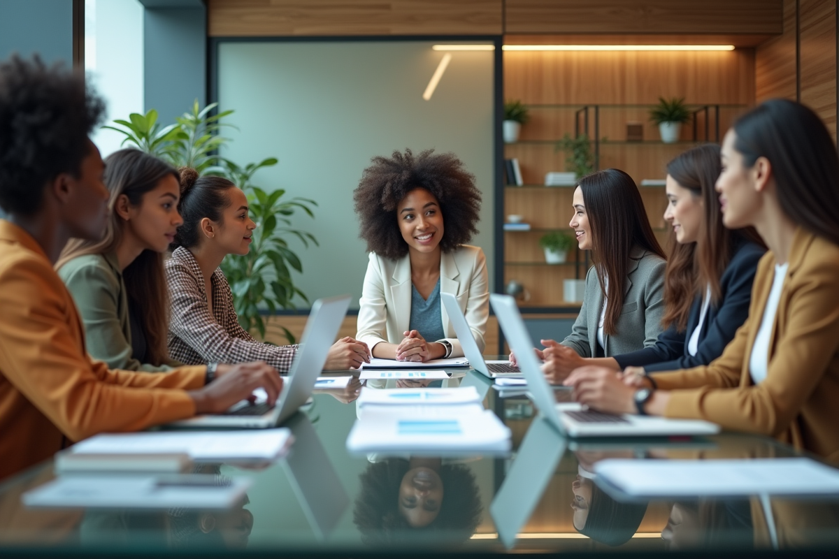 Groupe de chercheuses discutant autour d une table en laboratoire