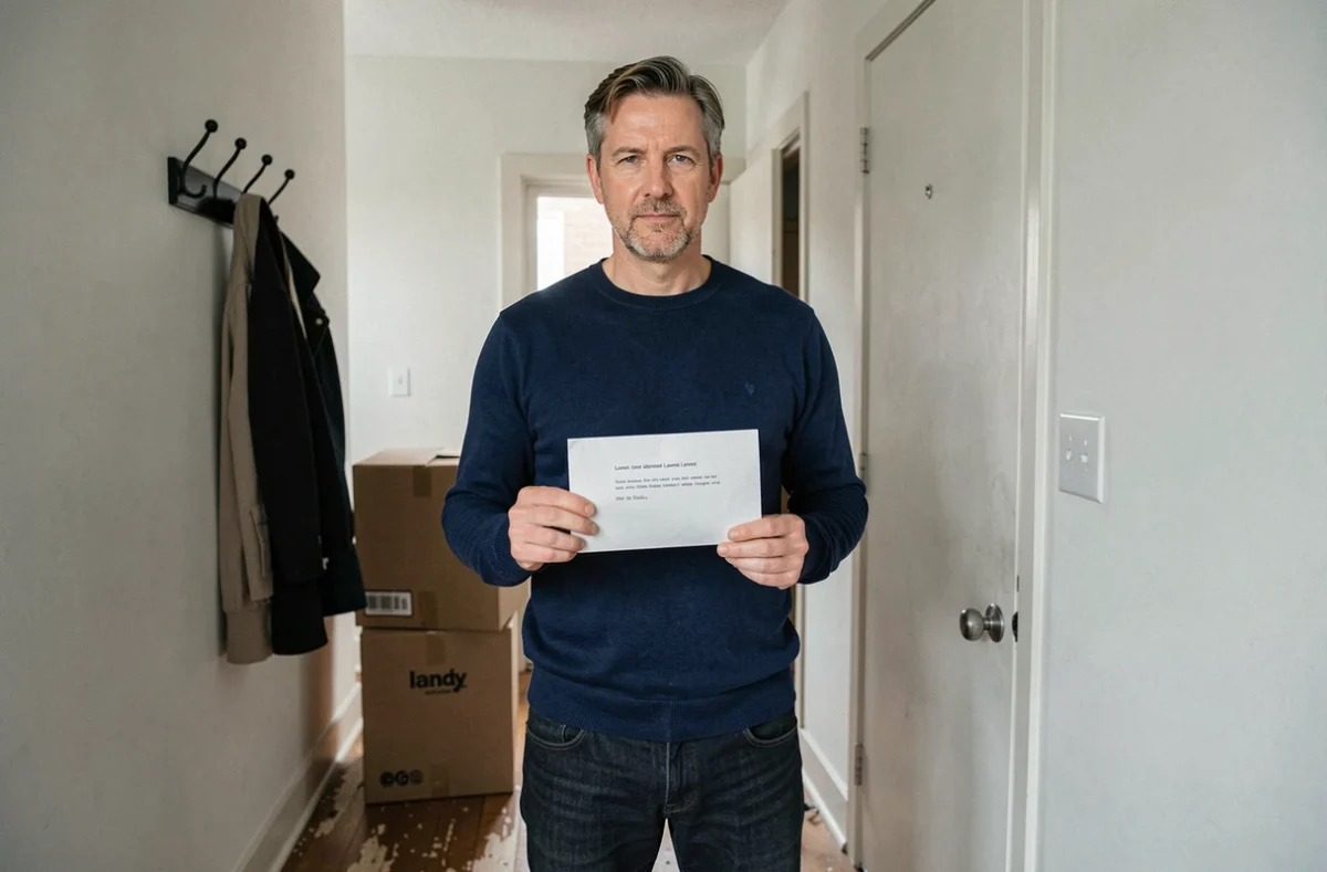 Homme tenant une lettre de résiliation de bail cachetée dans le couloir de son appartement meublé lors d'un déménagement