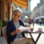 Femme retraitée lisant une lettre au café en plein air