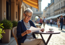 Vivre à l’étranger avec ma retraite française : conseils et informations essentielles Femme retraitée lisant une lettre au café en plein air