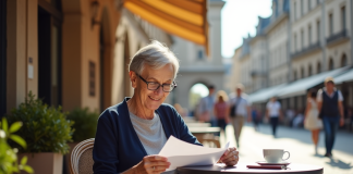 Vivre à l’étranger avec ma retraite française : conseils et informations essentielles Femme retraitée lisant une lettre au café en plein air