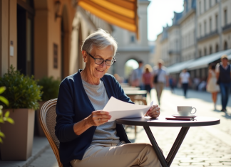 Femme retraitée lisant une lettre au café en plein air
