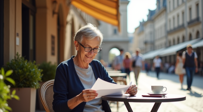 Femme retraitée lisant une lettre au café en plein air