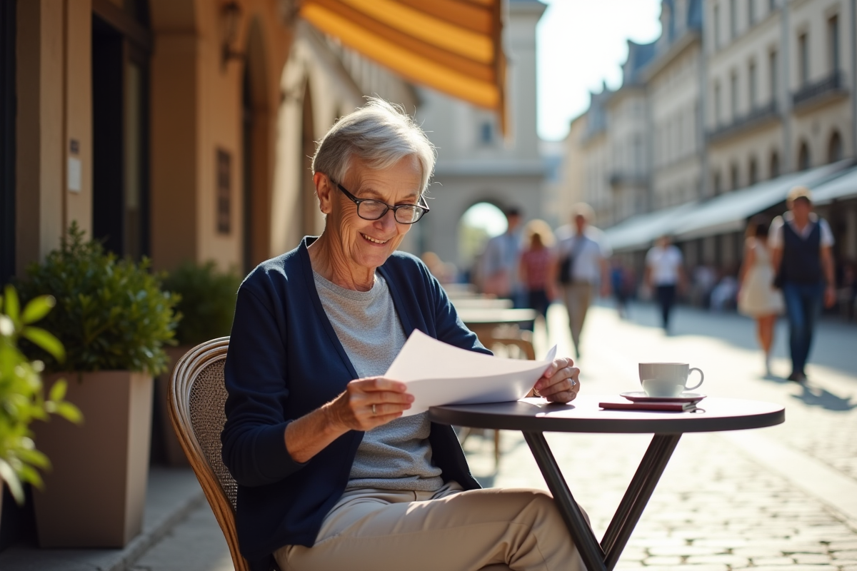 Femme retraitée lisant une lettre au café en plein air