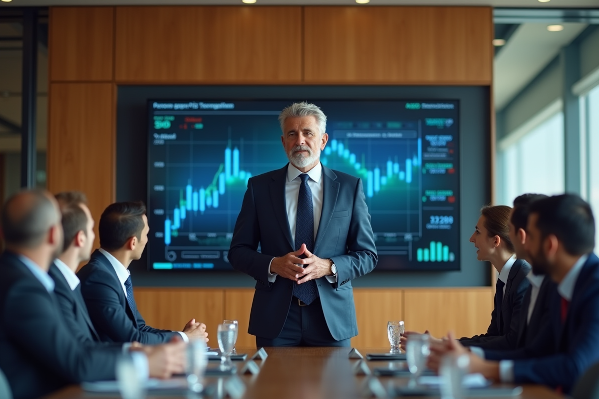 Professionnels en réunion dans une salle de conférence