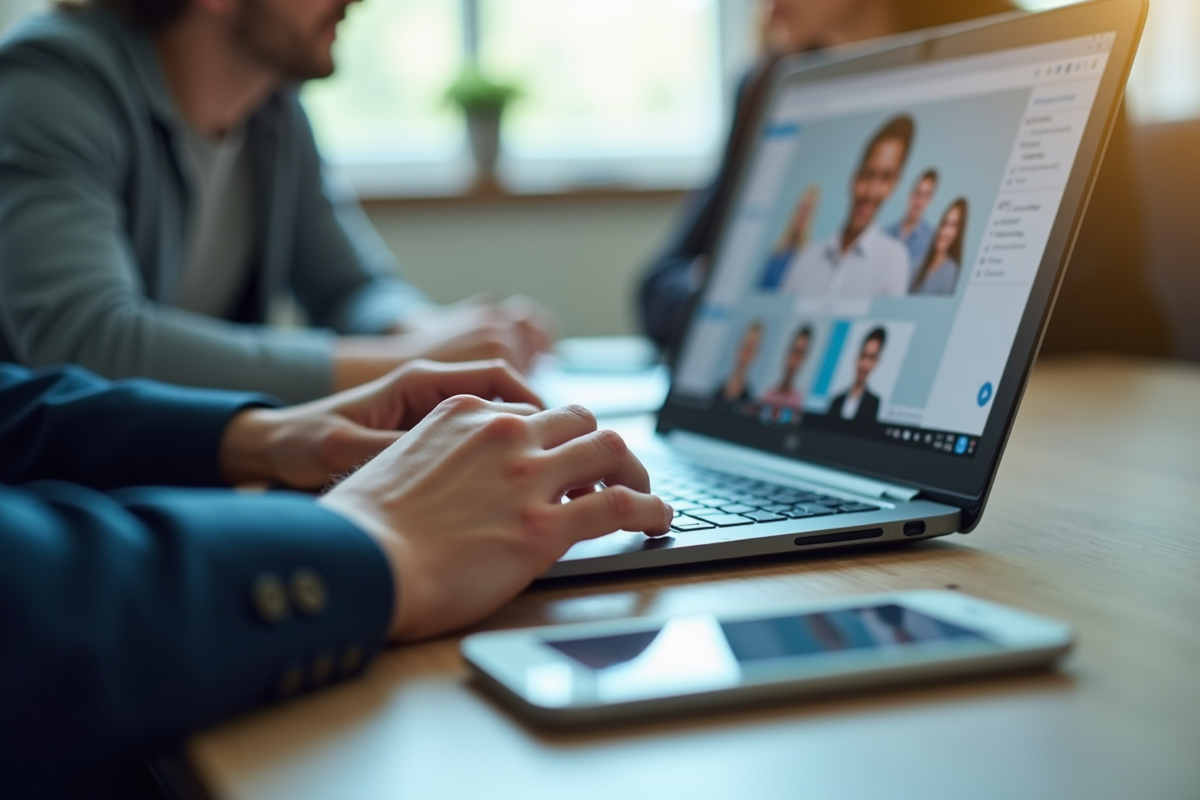Gros plan sur mains utilisant un ordinateur avec outils collaboratifs