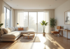 Petit salon moderne avec grande fenetre et lumiere naturelle