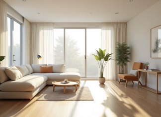 Petit salon moderne avec grande fenetre et lumiere naturelle