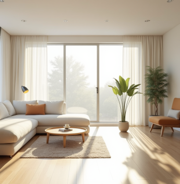 Petit salon moderne avec grande fenetre et lumiere naturelle