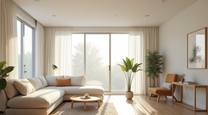 Petit salon moderne avec grande fenetre et lumiere naturelle