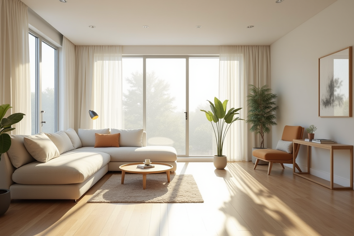 Petit salon moderne avec grande fenetre et lumiere naturelle