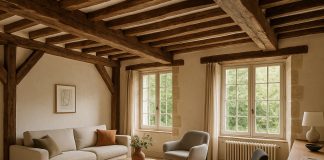 Salon rénové avec poutres apparentes et mobilier moderne