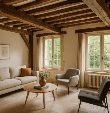 Salon rénové avec poutres apparentes et mobilier moderne