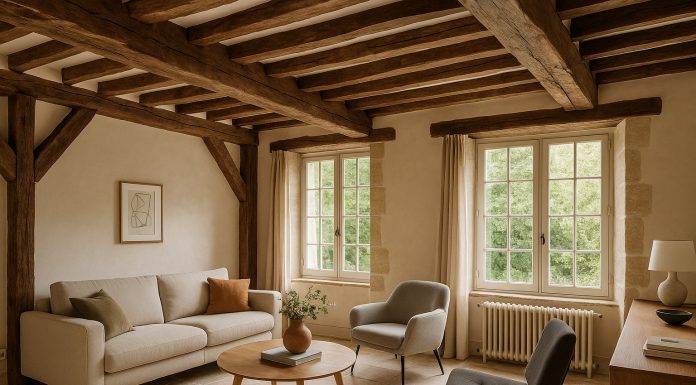 Salon rénové avec poutres apparentes et mobilier moderne