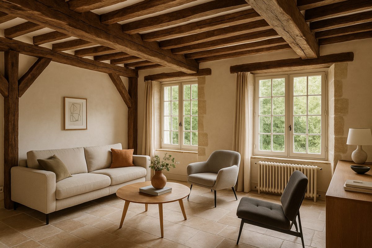 Salon rénové avec poutres apparentes et mobilier moderne