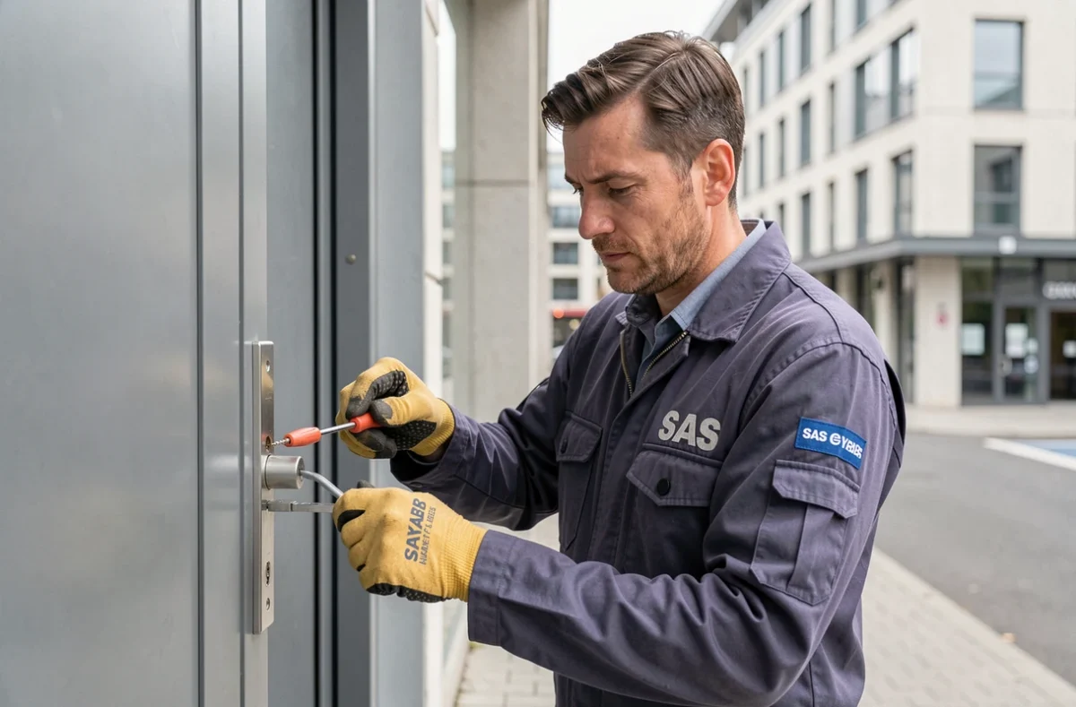 Technicien de SAS SYAB installant une serrure haute sécurité sur une porte commerciale à Troyes