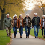 Les meilleures activités pour seniors pour un quotidien dynamique et enrichissant Groupe de seniors marchant dans un parc urbain ensoleille