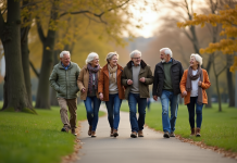 Les meilleures activités pour seniors pour un quotidien dynamique et enrichissant Groupe de seniors marchant dans un parc urbain ensoleille