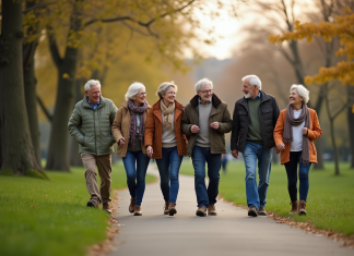 Les meilleures activités pour seniors pour un quotidien dynamique et enrichissant Groupe de seniors marchant dans un parc urbain ensoleille