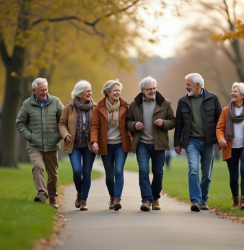 Groupe de seniors marchant dans un parc urbain ensoleille