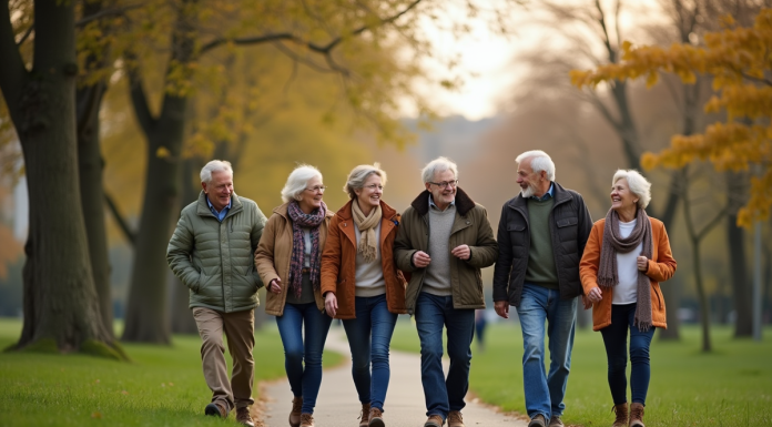 Les meilleures activités pour seniors pour un quotidien dynamique et enrichissant Groupe de seniors marchant dans un parc urbain ensoleille