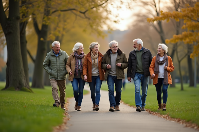 senior-groupe-parc-urbain Groupe de seniors marchant dans un parc urbain ensoleille