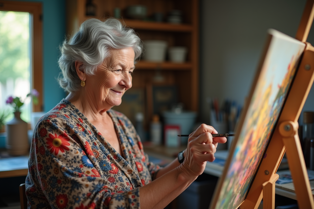 Seniore peignant dans un atelier chaleureux et organisé