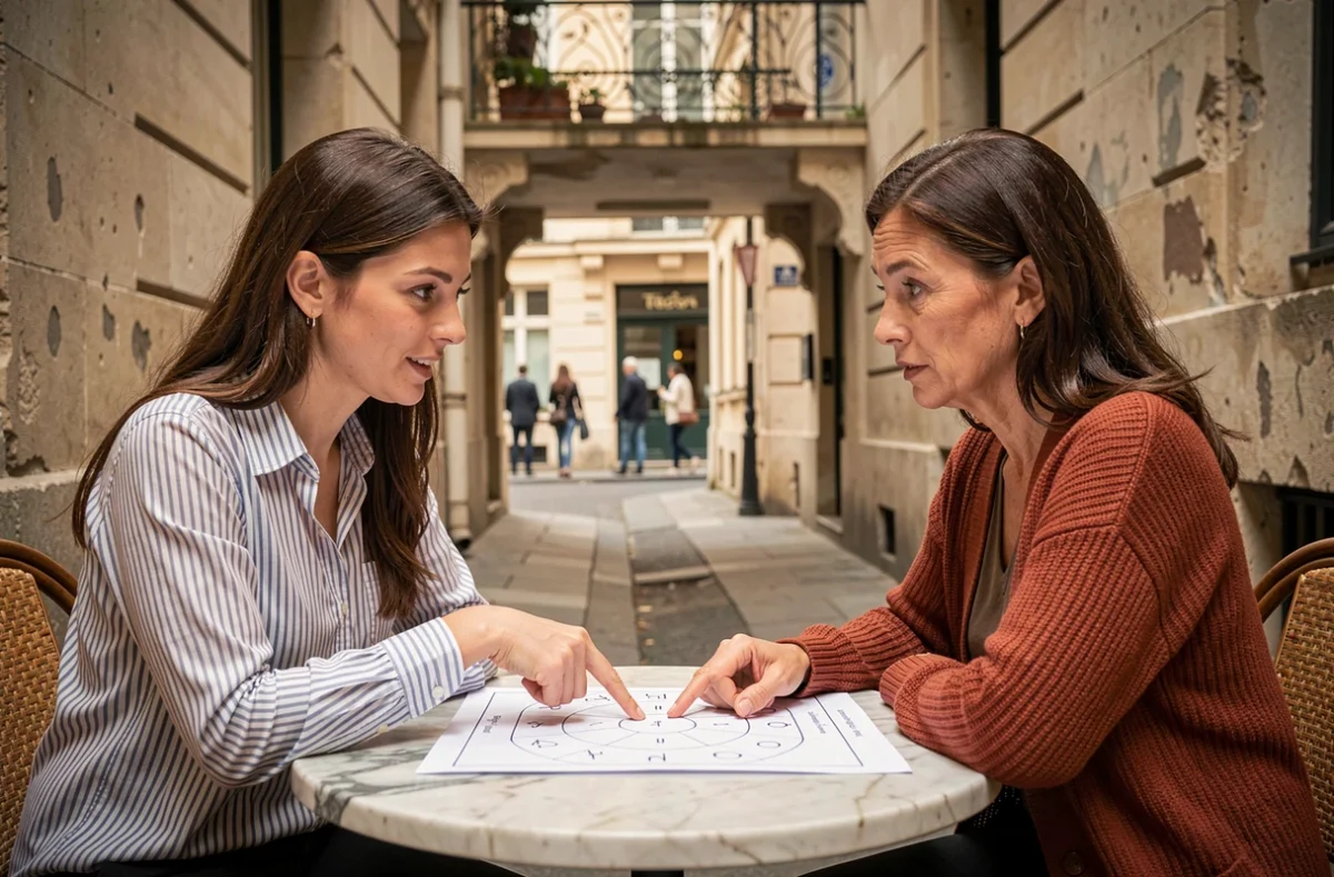 Deux femmes discutant d'un thème astrologique natal autour d'un café à Paris, illustrant l'interprétation du décan et de l'ascendant du 4 mars