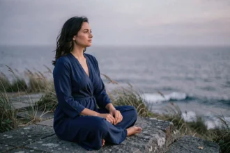 Femme contemplative née le 4 mars assise sur une falaise côtière au crépuscule, évoquant le signe du Poissons et ses nuances astrologiques profondes