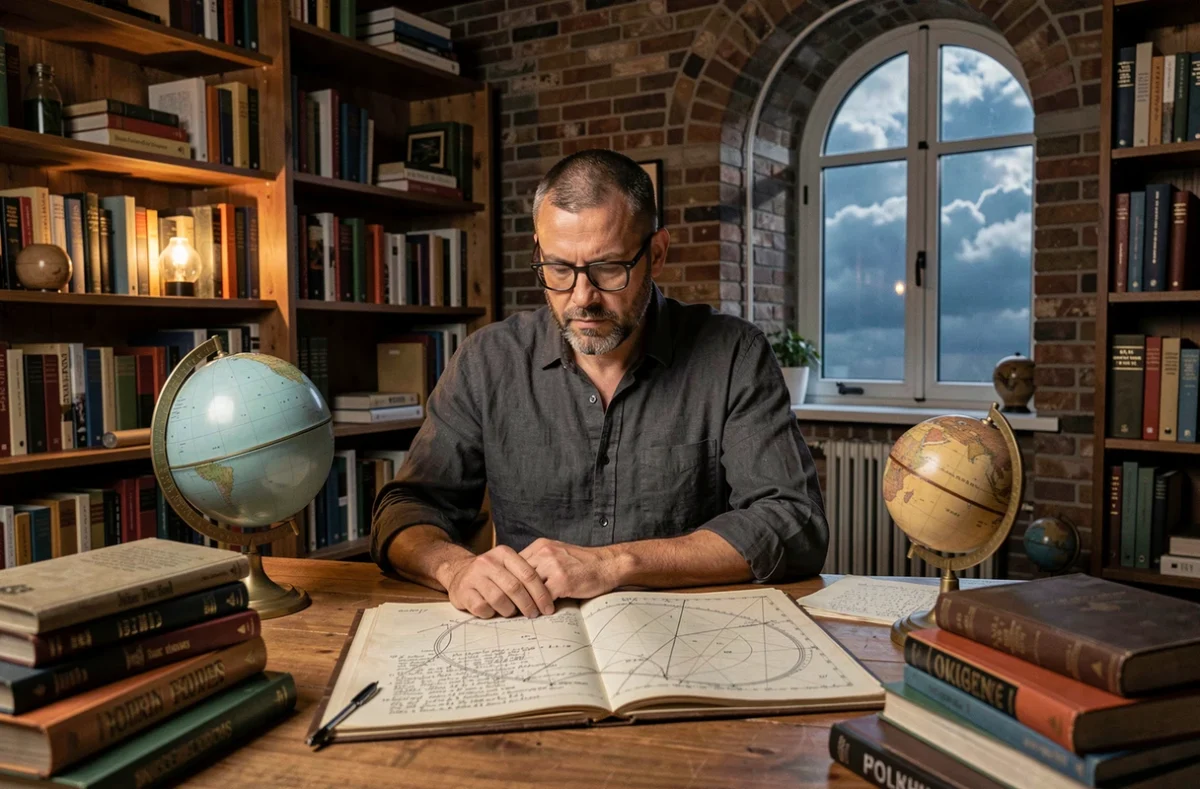 Homme studieux examinant une carte du ciel et un globe céleste dans une bibliothèque, symbolisant l'étude du décan et de l'ascendant pour le 4 mars