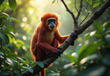 Uakari assis sur une branche dans la forêt luxuriante