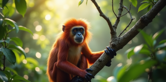 Uakari assis sur une branche dans la forêt luxuriante