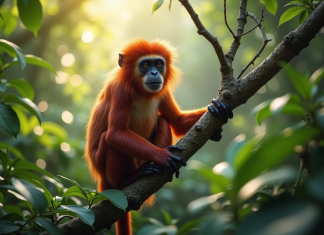 Uakari assis sur une branche dans la forêt luxuriante