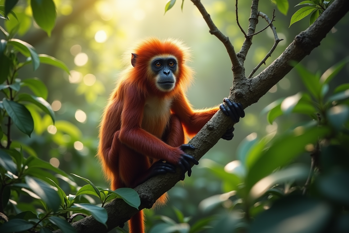 Uakari assis sur une branche dans la forêt luxuriante
