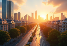Paysage urbain français moderne avec monuments emblématiques