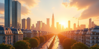 Paysage urbain français moderne avec monuments emblématiques