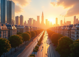 Paysage urbain français moderne avec monuments emblématiques