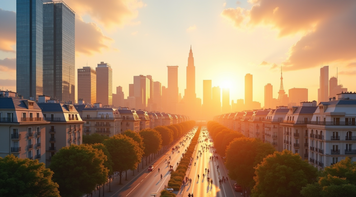 Paysage urbain français moderne avec monuments emblématiques