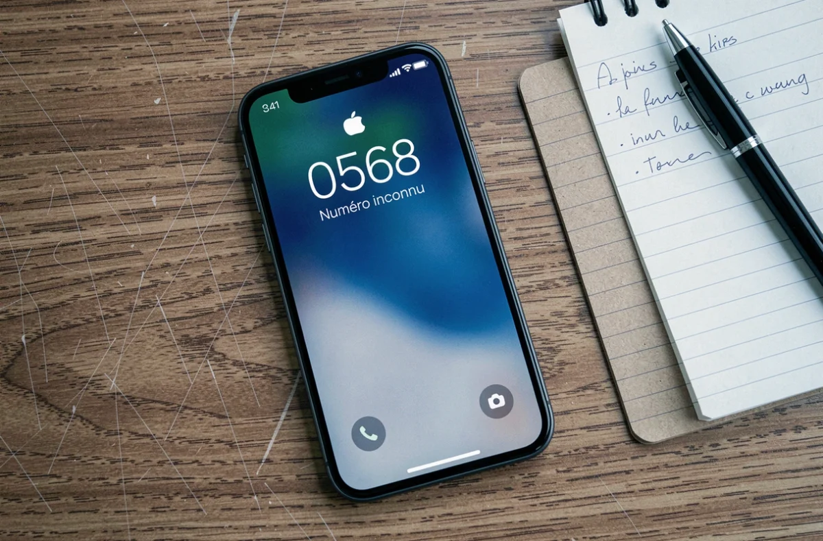 Vue de dessus d'un smartphone affichant un appel entrant d'un numéro 0568 inconnu posé sur un bureau en bois avec un carnet de notes