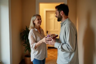 Femme offrant une carte et des douceurs à son voisin pour lui souhaiter un bon Ramadan sur le pas de la porte