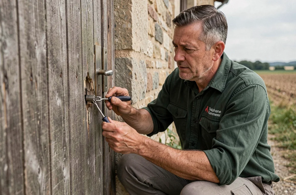 Serrurier Stéphane Kammerer intervenant sur une serrure endommagée d'une ferme en pierre dans l'Aube