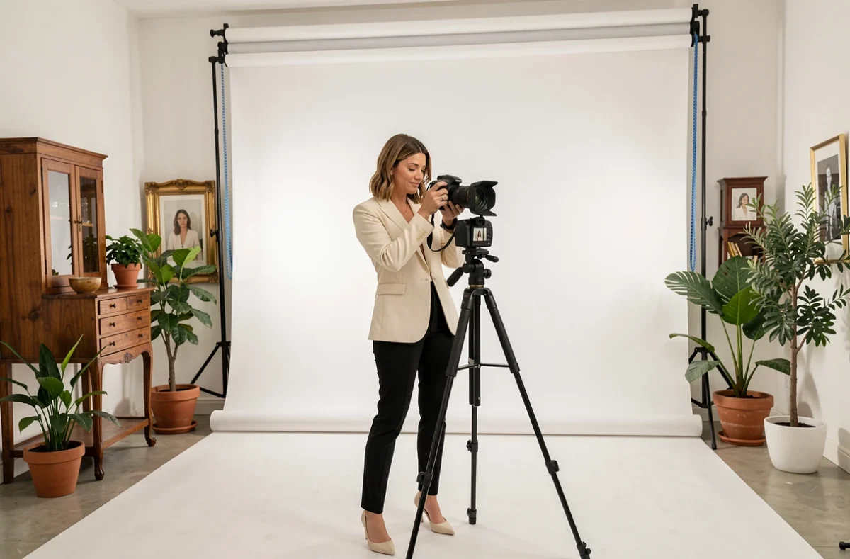 Studio Camille à Montpellier, photographe ajustant son cadrage dans un studio portrait élégamment décoré