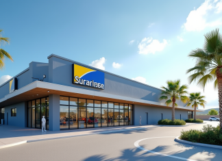 Extérieur d'un supermarché moderne en Corse avec ciel ensoleillé