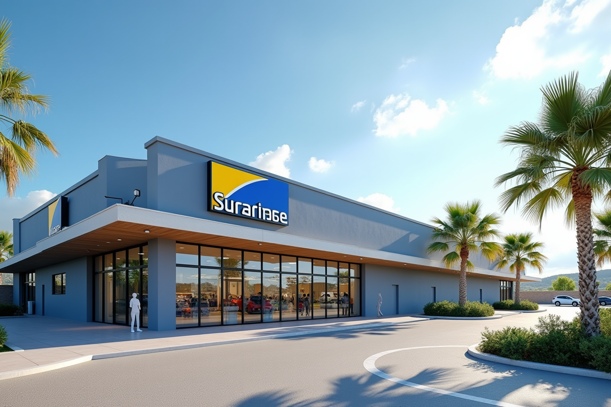 Extérieur d'un supermarché moderne en Corse avec ciel ensoleillé