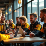 L’impact et l’influence du forum du Stade Montois dans l’univers du rugby Supporters de rugby discutant dans un café du stade