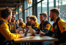 Supporters de rugby discutant dans un café du stade