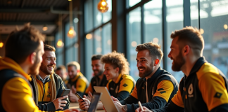 Supporters de rugby discutant dans un café du stade