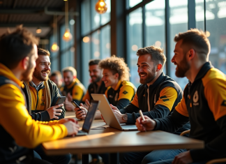 Supporters de rugby discutant dans un café du stade